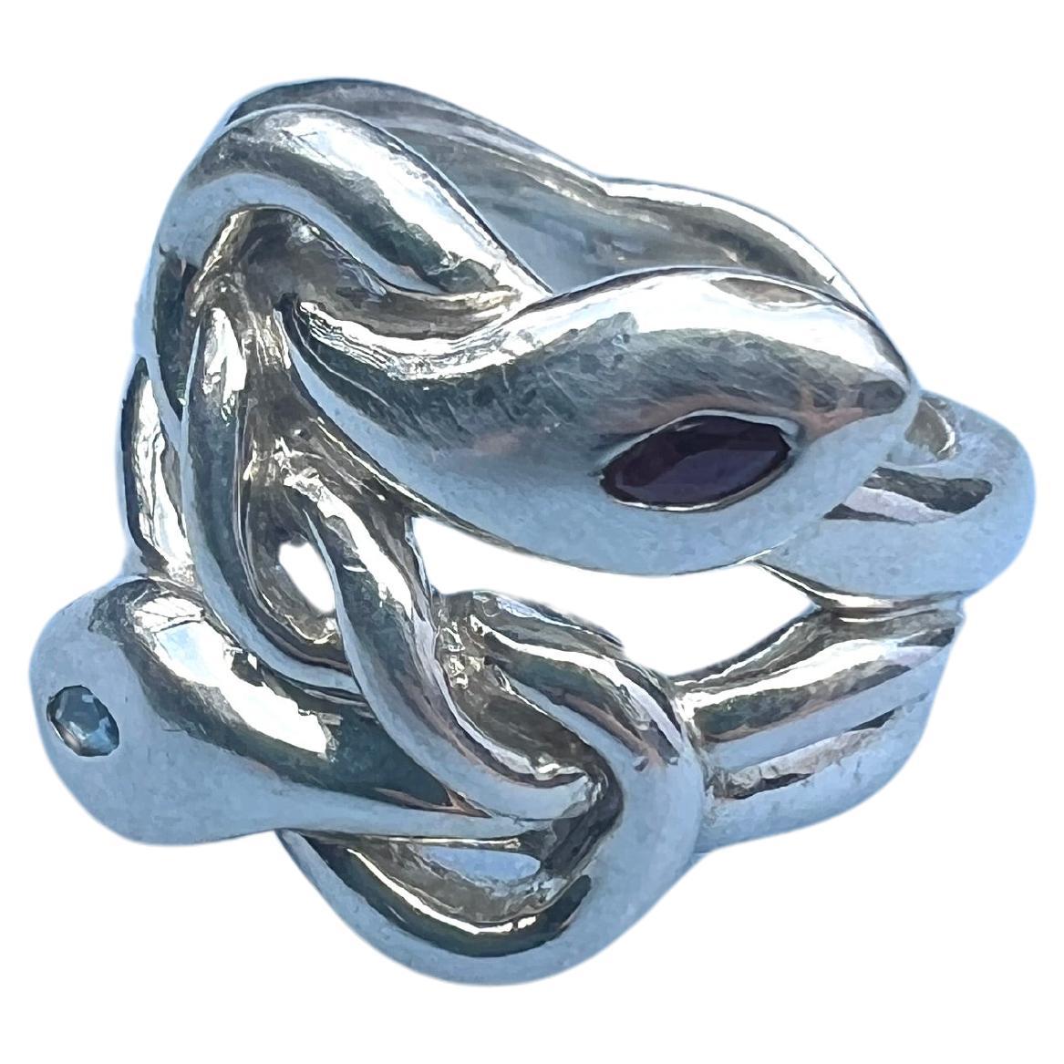 Anillo de cóctel de serpiente con marqués de rubí y aguamarina Plata J DAUPHIN Victoriano