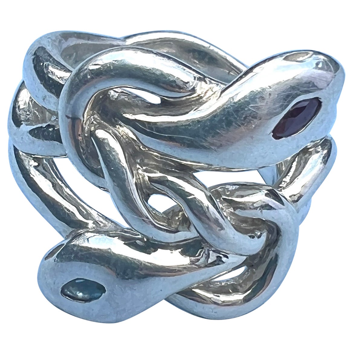 Anello Cocktail con Acquamarina Rubino Marquis Serpente Argento J DAUPHIN