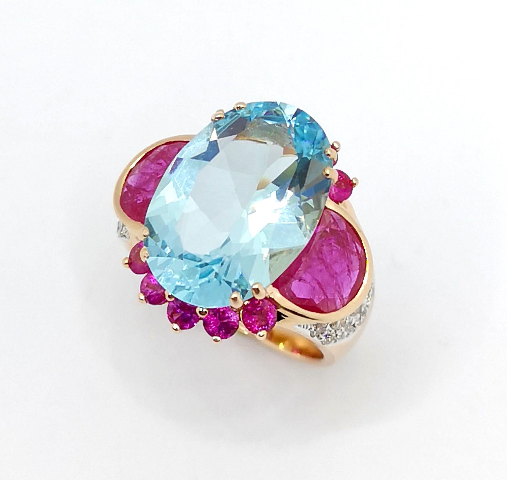 Aquamarine, Ruby, Pink Sapphire and Brown Diamond Ring set in 18K Rose Gold For Sale 7
