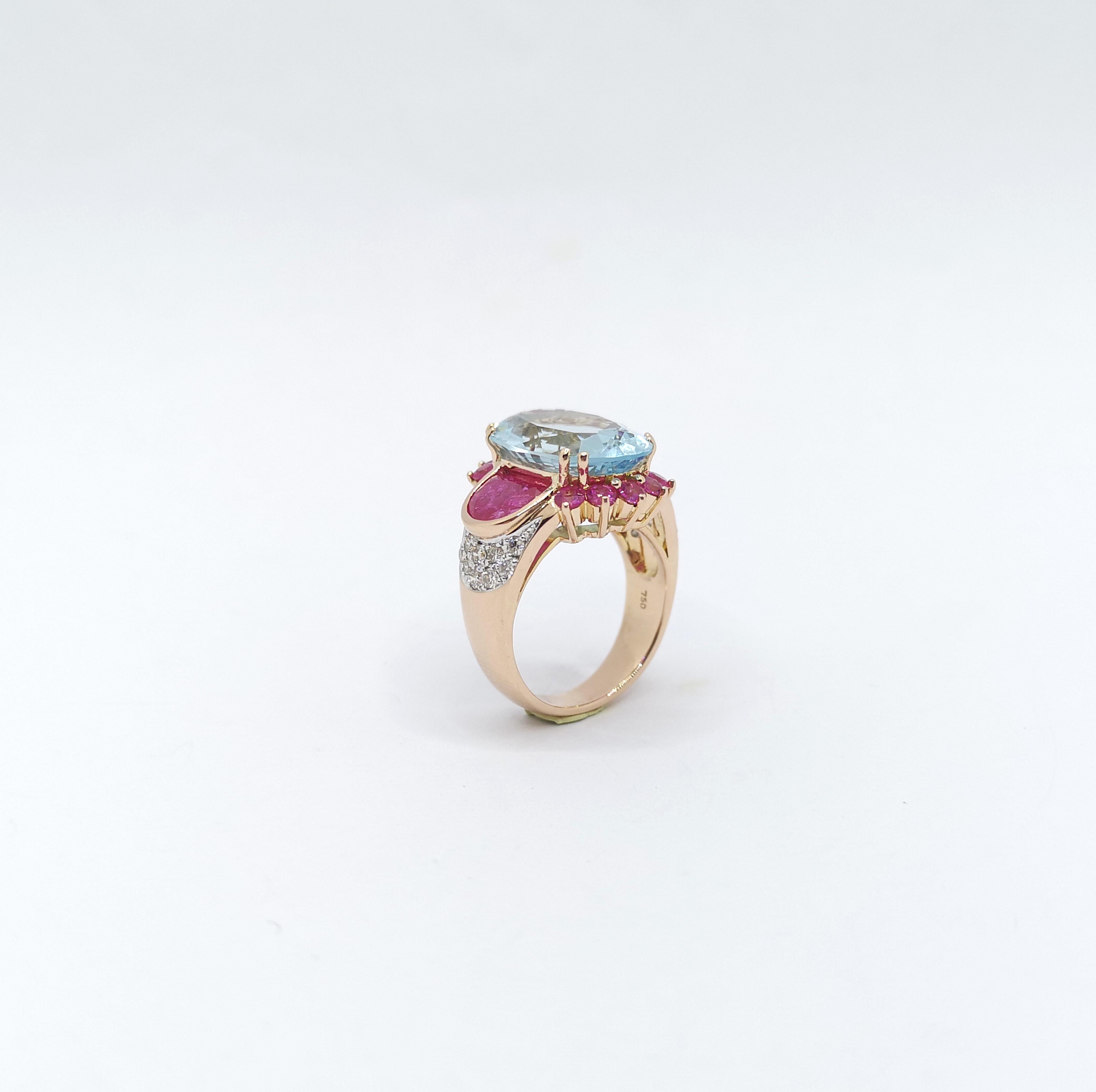 Aquamarine, Ruby, Pink Sapphire and Brown Diamond Ring set in 18K Rose Gold For Sale 9