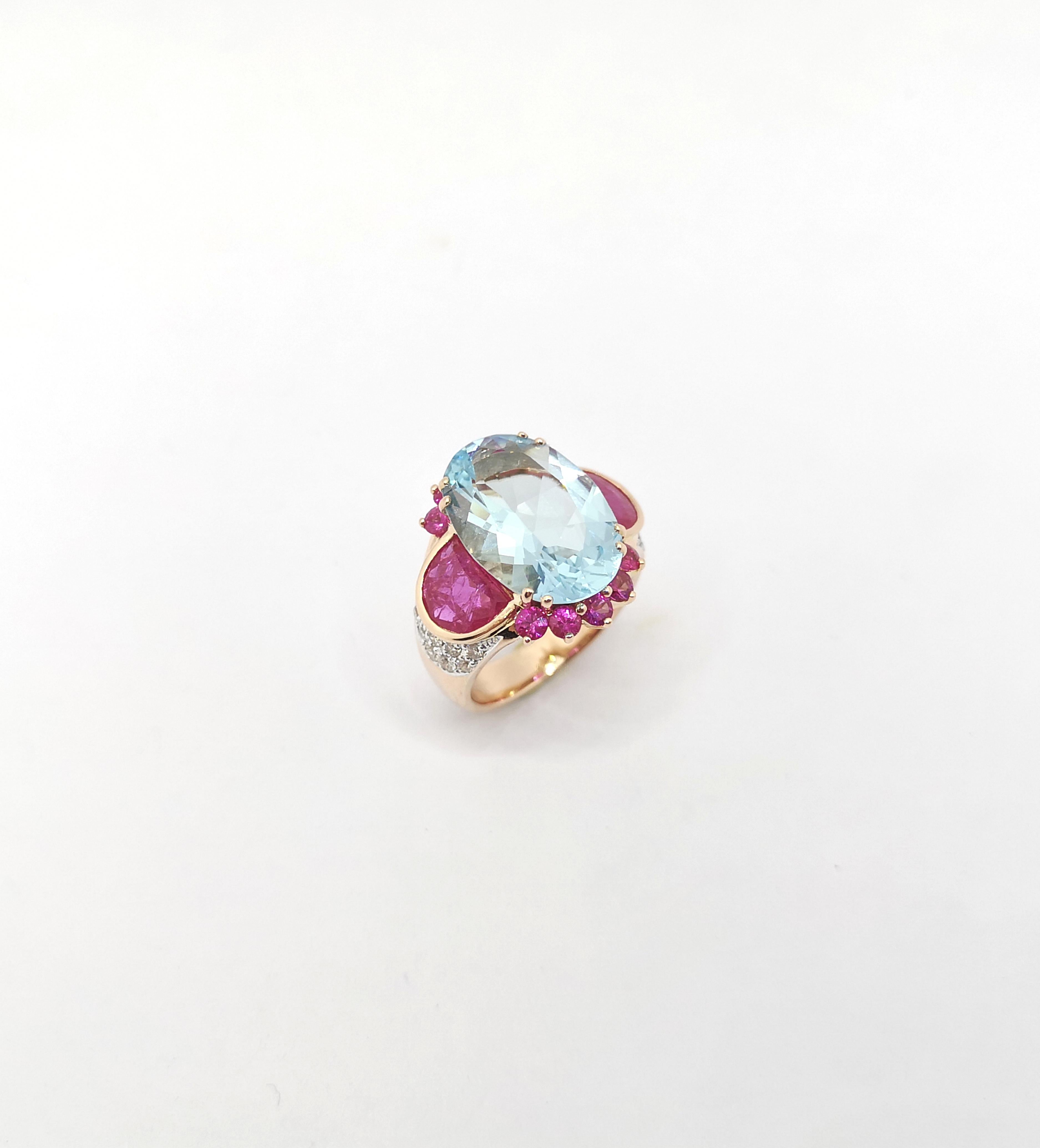 Aquamarine, Ruby, Pink Sapphire and Brown Diamond Ring set in 18K Rose Gold For Sale 10