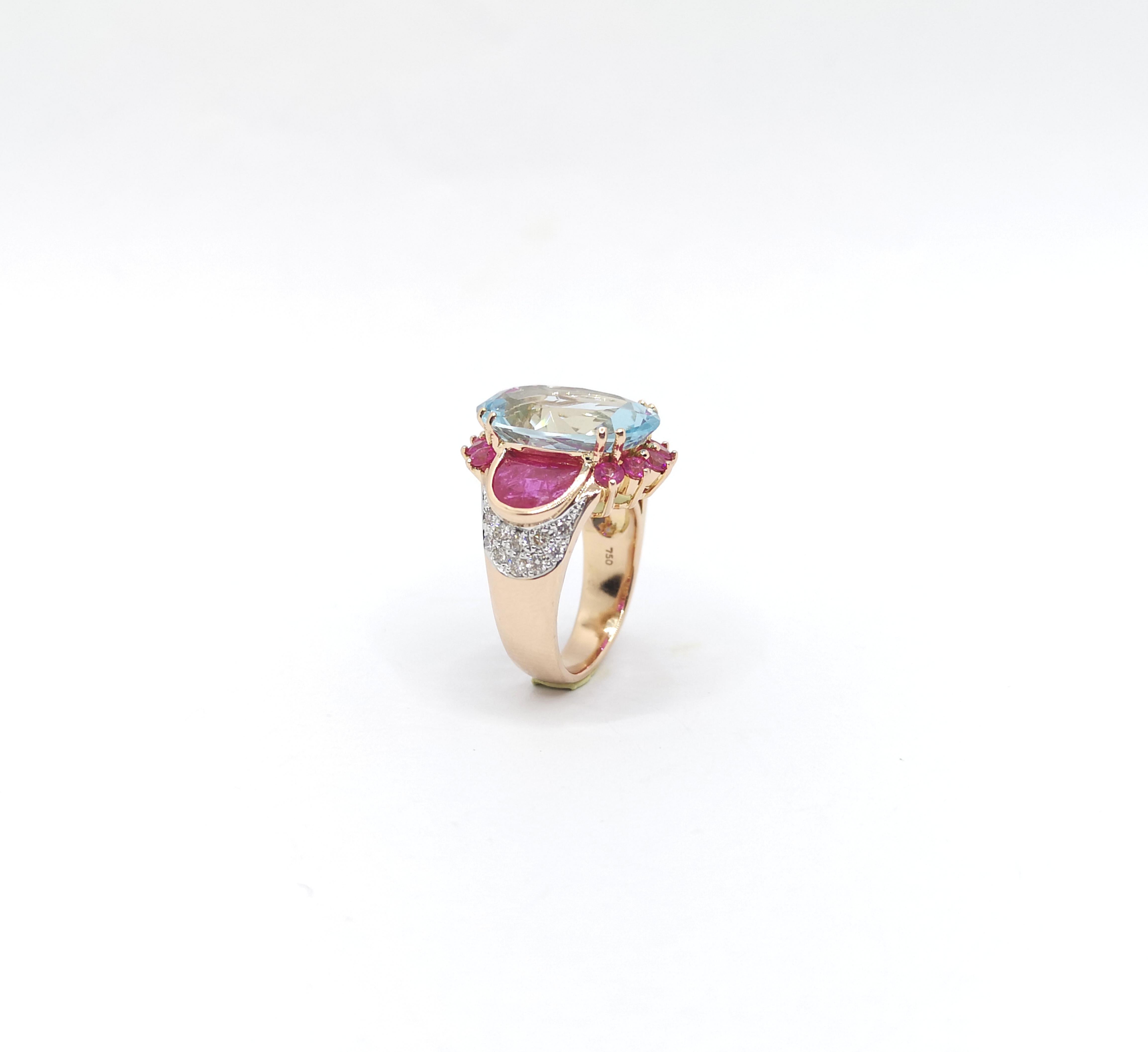 Aquamarine, Ruby, Pink Sapphire and Brown Diamond Ring set in 18K Rose Gold For Sale 11