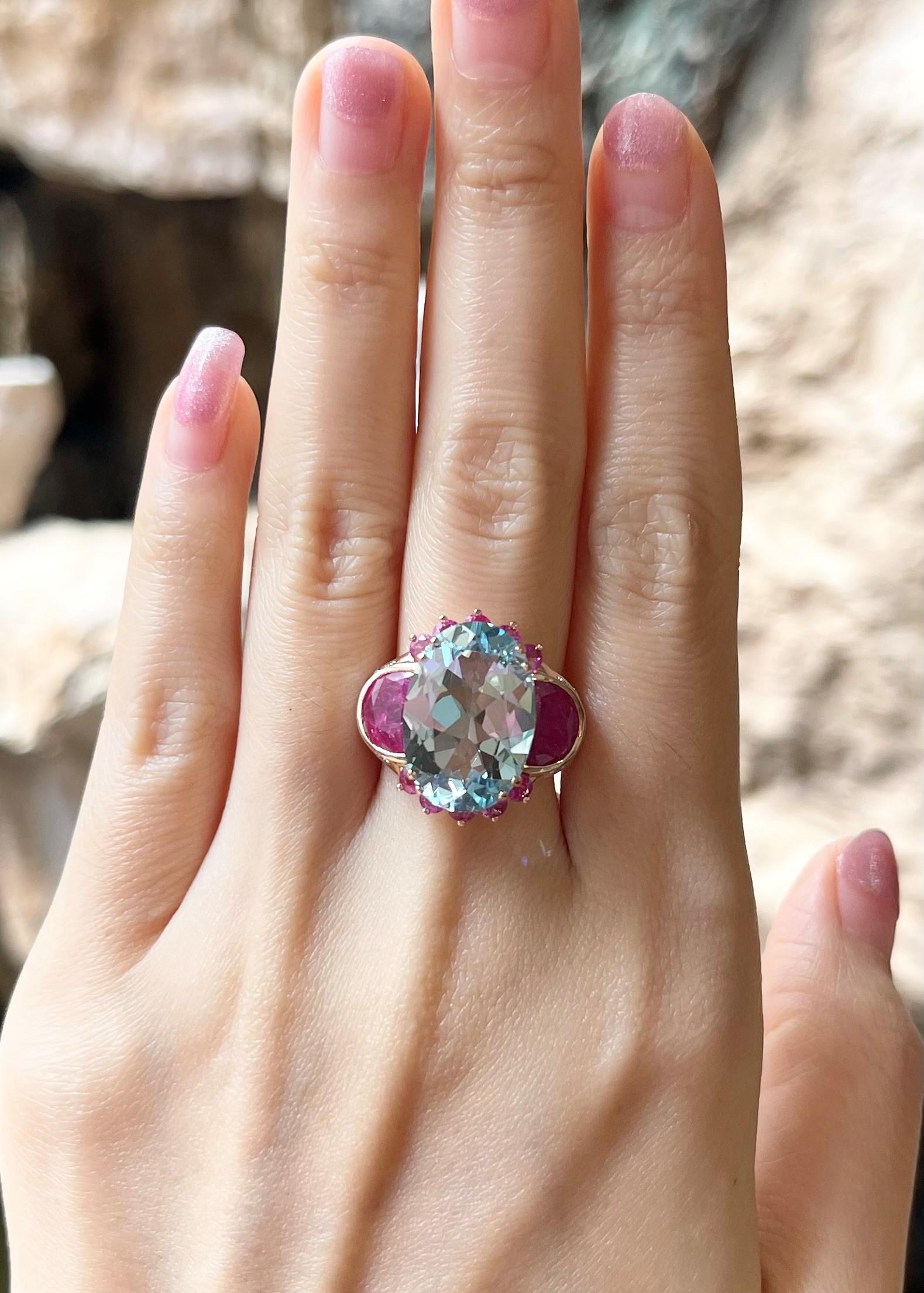 Aquamarine 7.60 carats, Ruby 2.22 carats, Pink Sapphire 0.78 carat and Brown Diamond 0.37 carat Ring set in 18K Rose Gold Settings

Width:  2.0 cm 
Length: 2.0 cm
Ring Size: 53
Total Weight: 11.90 grams


