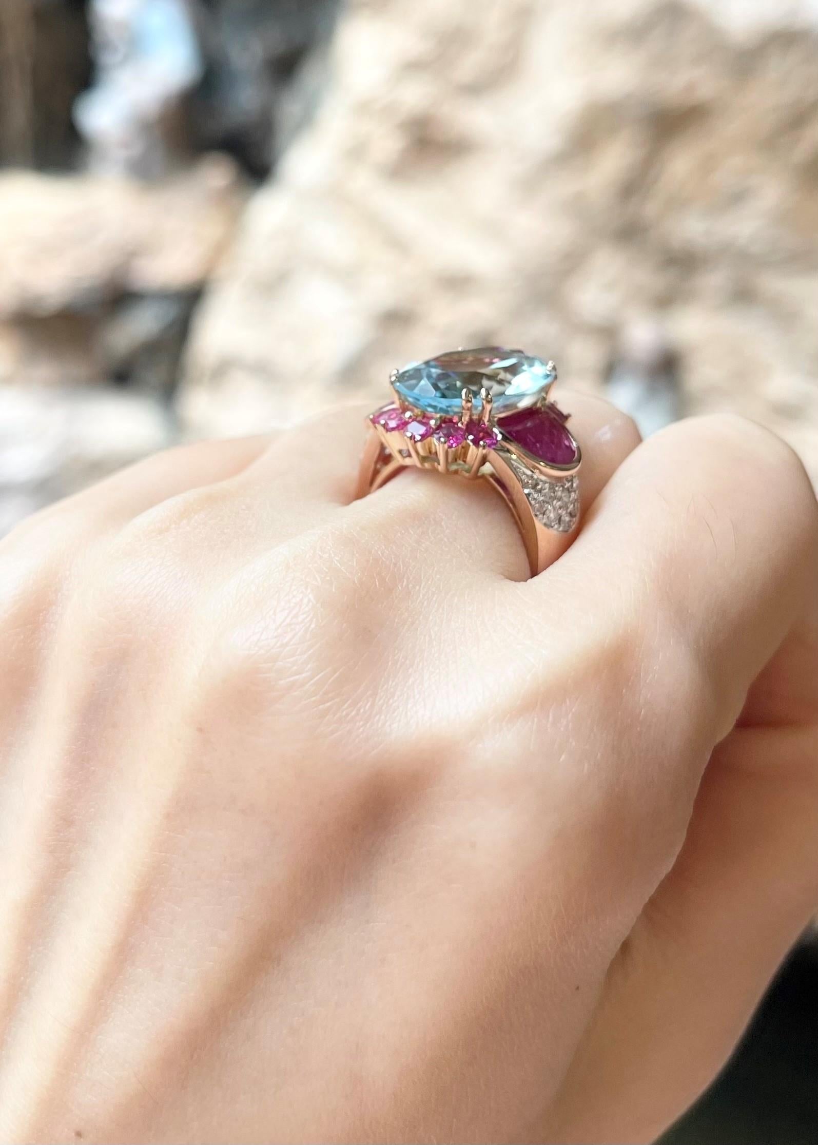 Mixed Cut Aquamarine, Ruby, Pink Sapphire and Brown Diamond Ring set in 18K Rose Gold For Sale