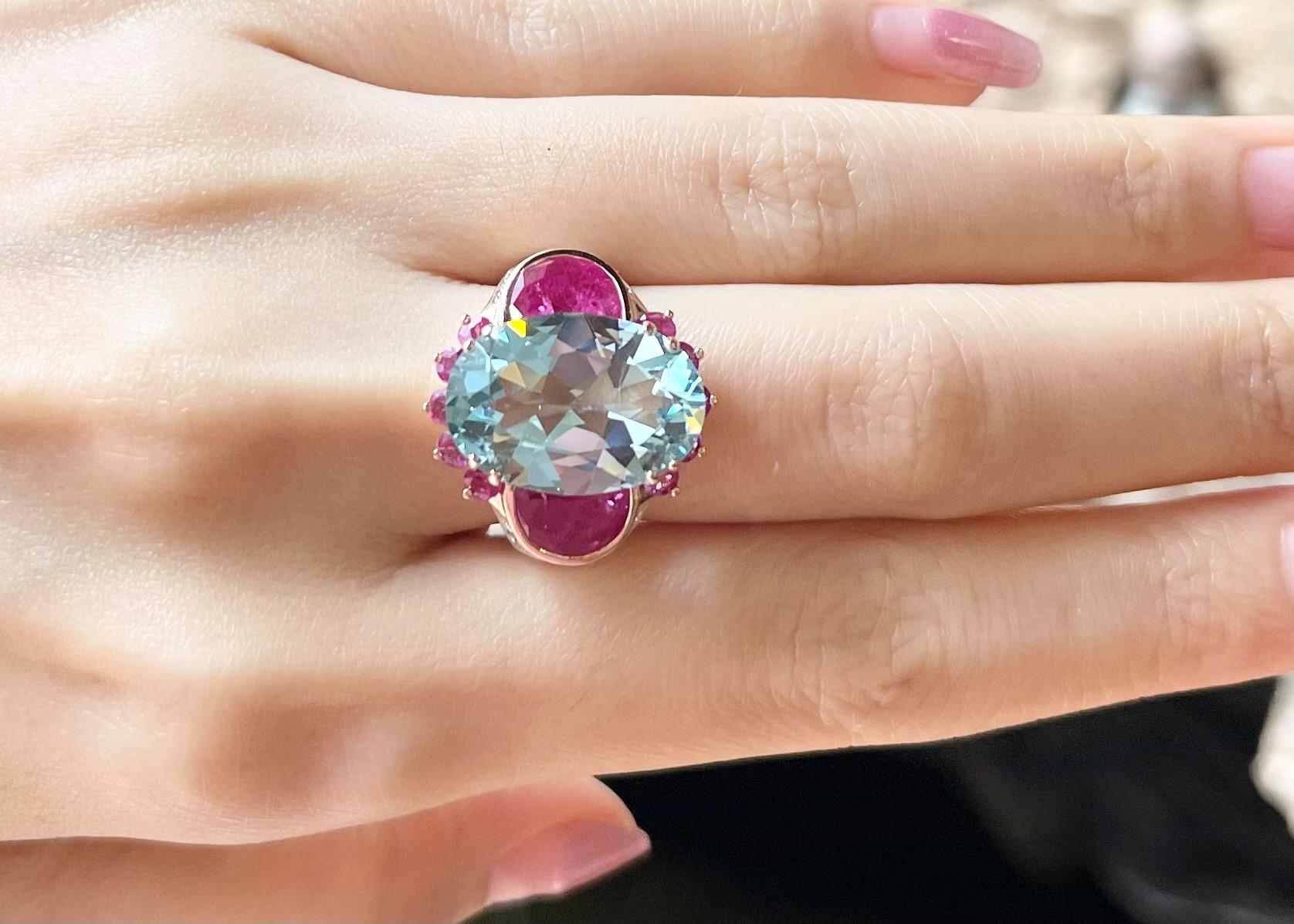 Women's Aquamarine, Ruby, Pink Sapphire and Brown Diamond Ring set in 18K Rose Gold For Sale