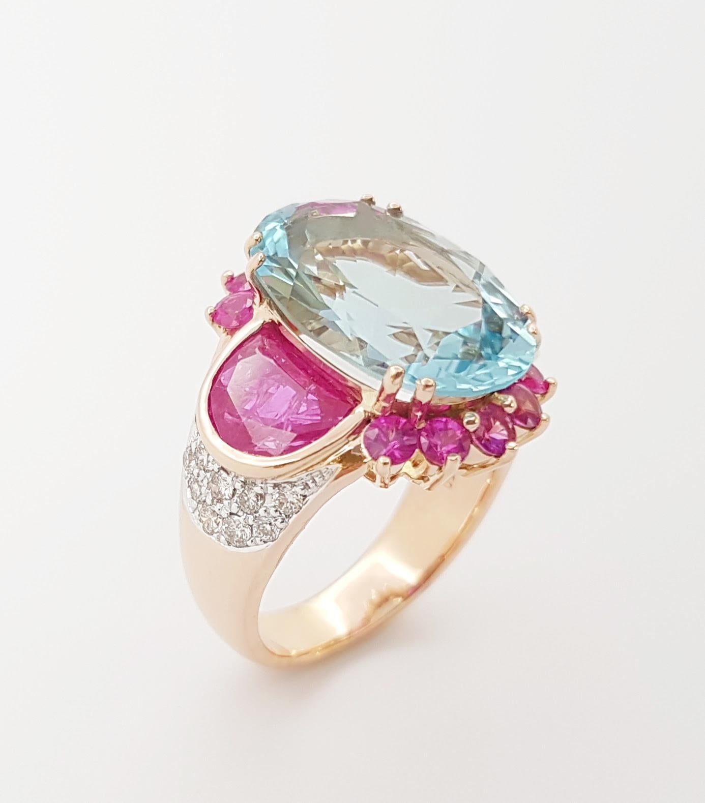 Aquamarine, Ruby, Pink Sapphire and Brown Diamond Ring set in 18K Rose Gold For Sale 3