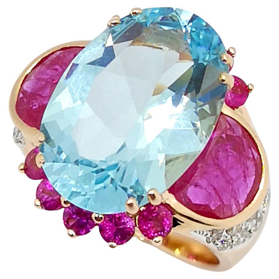 Aquamarine, Ruby, Pink Sapphire and Brown Diamond Ring set in 18K Rose Gold For Sale