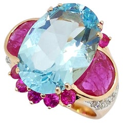 Aquamarine, Ruby, Pink Sapphire and Brown Diamond Ring set in 18K Rose Gold