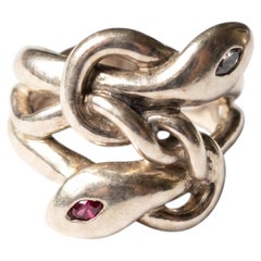 Aquamarine Ruby Snake Ring Serpent Double Head Gold Plated Silver