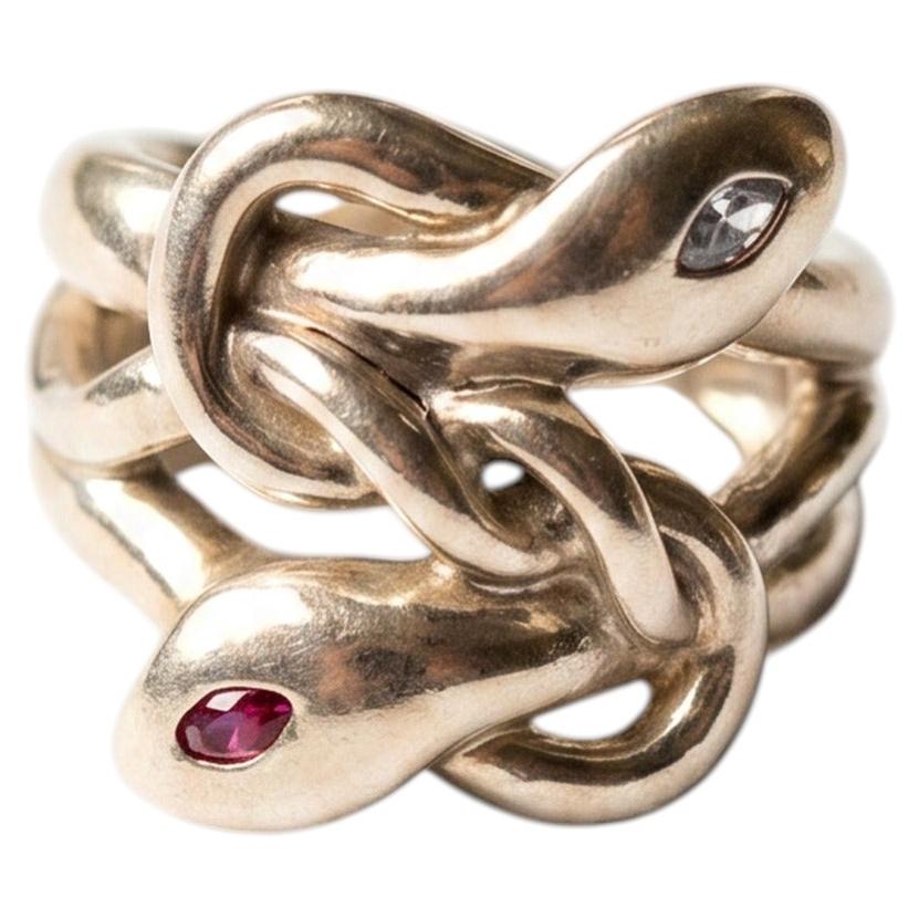 Anello a forma di serpente con acquamarina, rubino, taglio marquise, serpente a due teste, argento placcato oro