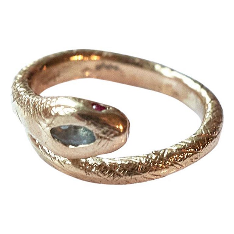 Anello a serpente con rubino e acquamarina in stile vittoriano in bronzo J DAUPHIN