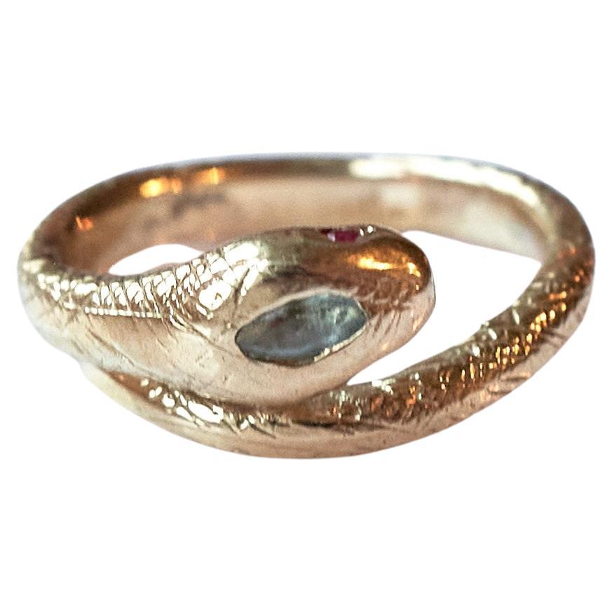Anillo Serpiente Azul Claro Aguamarina Rojo Rubí Oro Estilo Victoriano en venta 3