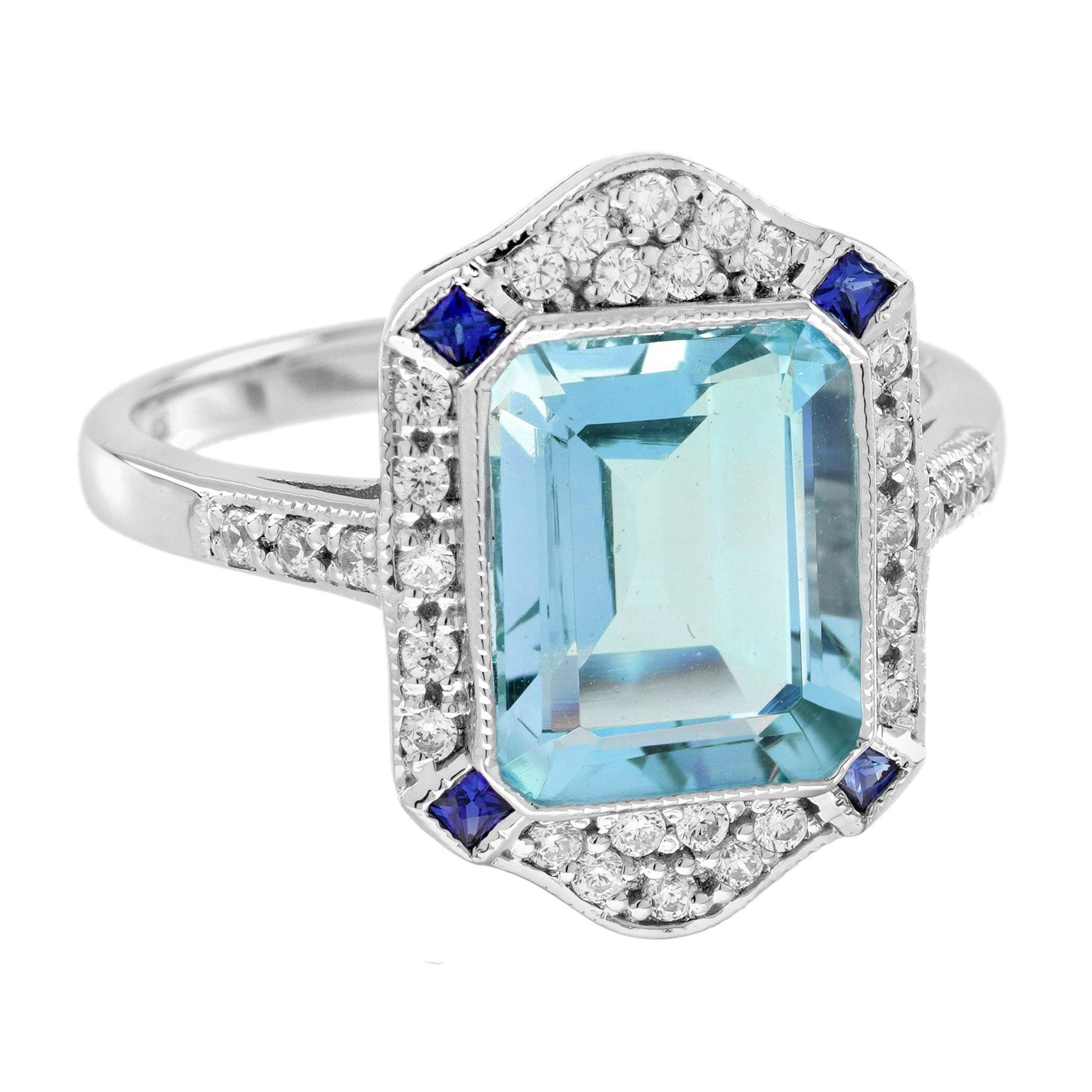 Aquamarin Saphir und Diamant Art Deco Stil Cocktail Ring in 14K Weißgold Damen im Angebot