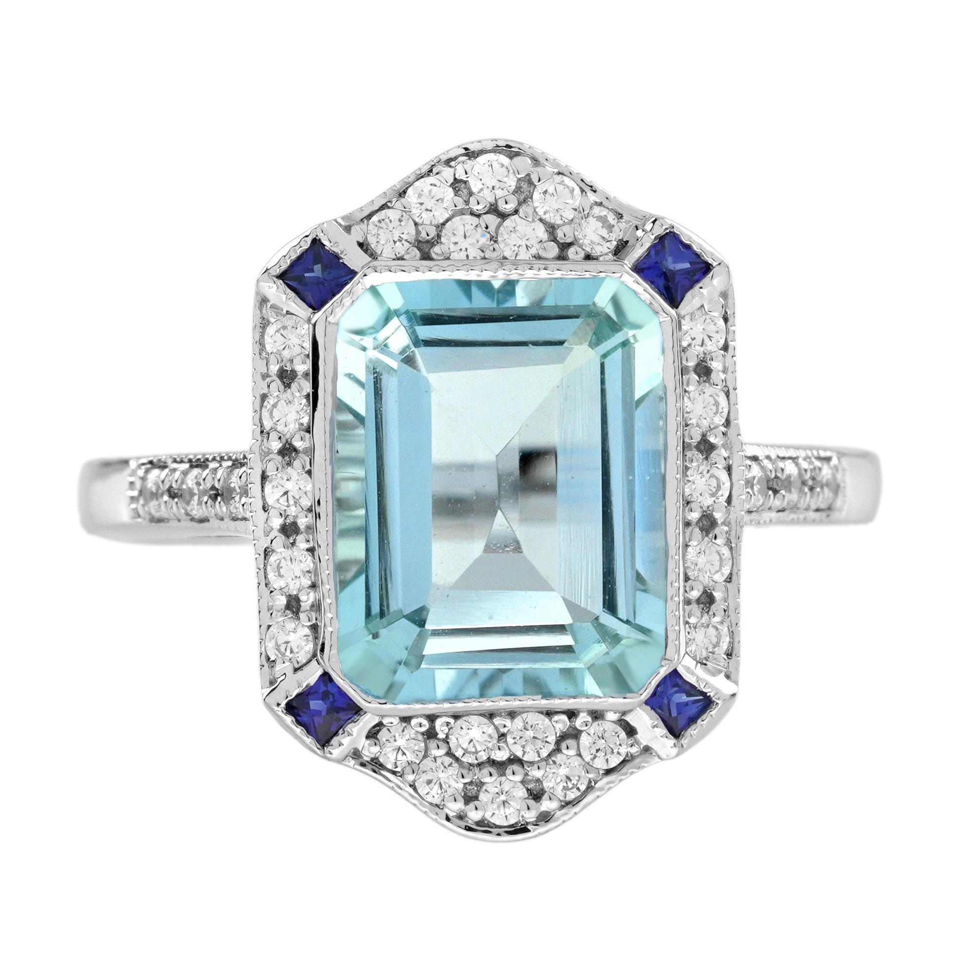 Aquamarin Saphir und Diamant Art Deco Stil Cocktail Ring in 14K Weißgold im Angebot