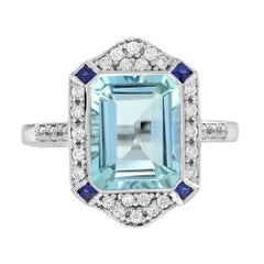 Anello da cocktail con zaffiro, acquamarina e diamanti in stile Art Deco in oro bianco 14 carati