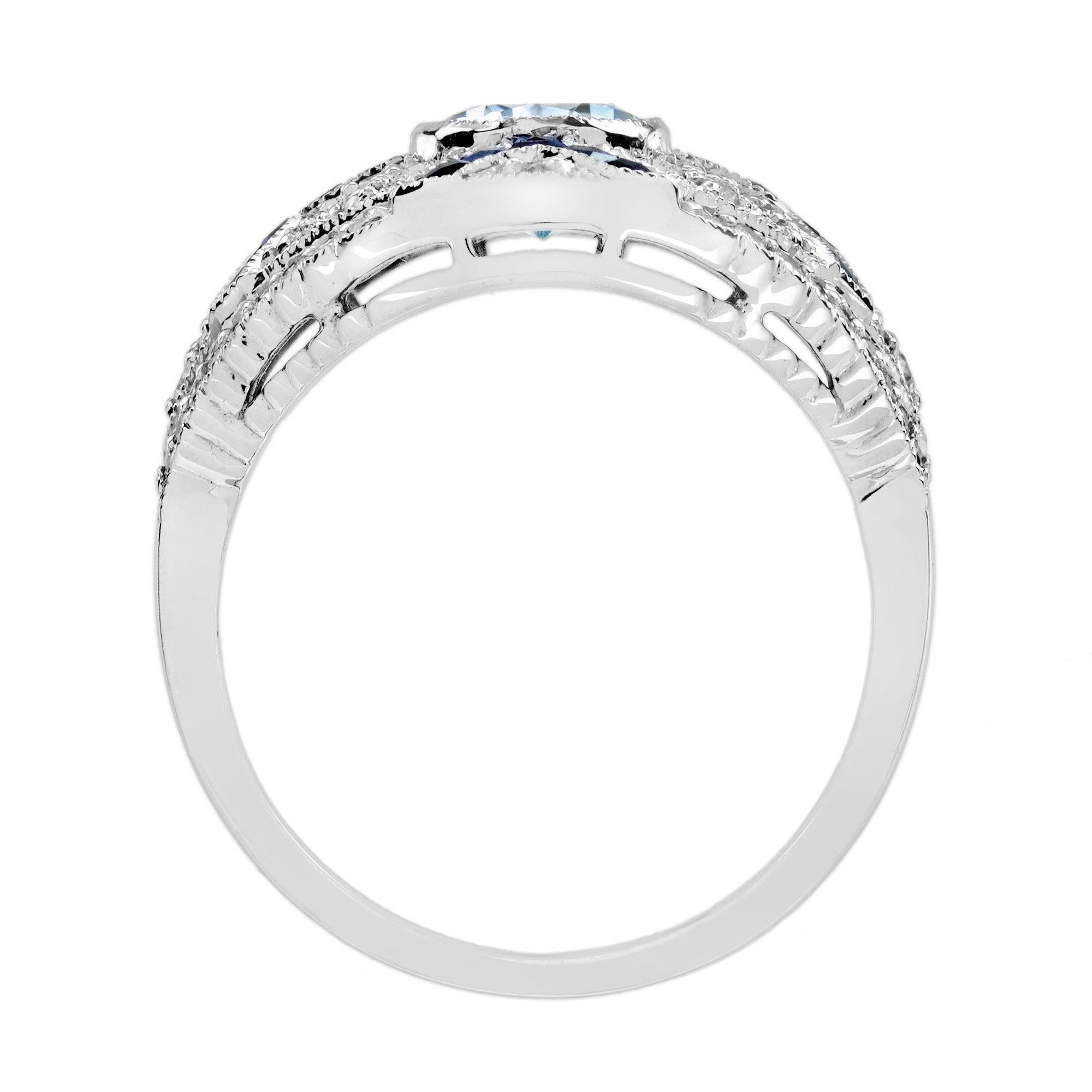 Aquamarin Saphir und Diamant Art Deco Stil Cocktail Ring in 18K Weißgold im Angebot 4