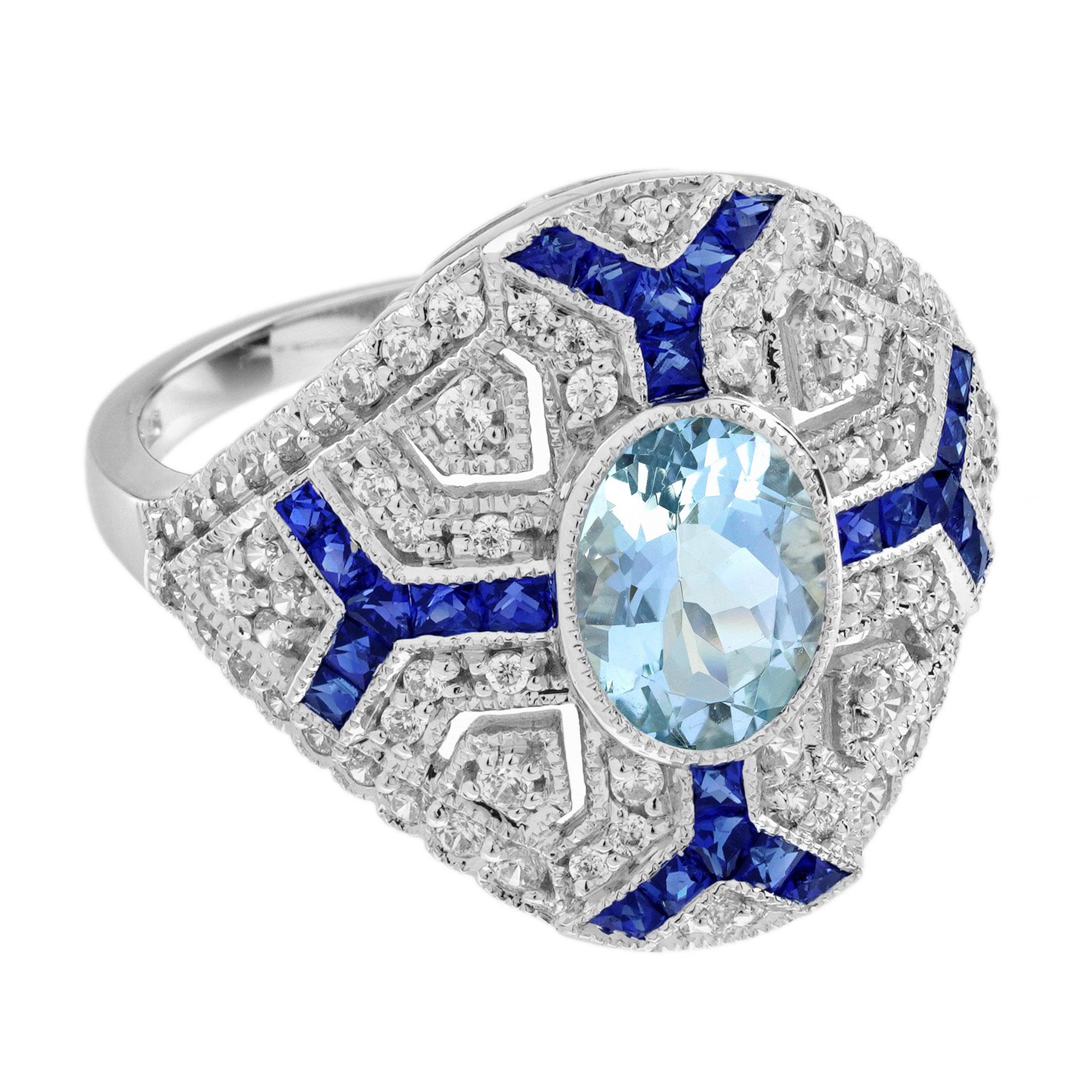 Aquamarin Saphir und Diamant Art Deco Stil Cocktail Ring in 18K Weißgold im Angebot 1