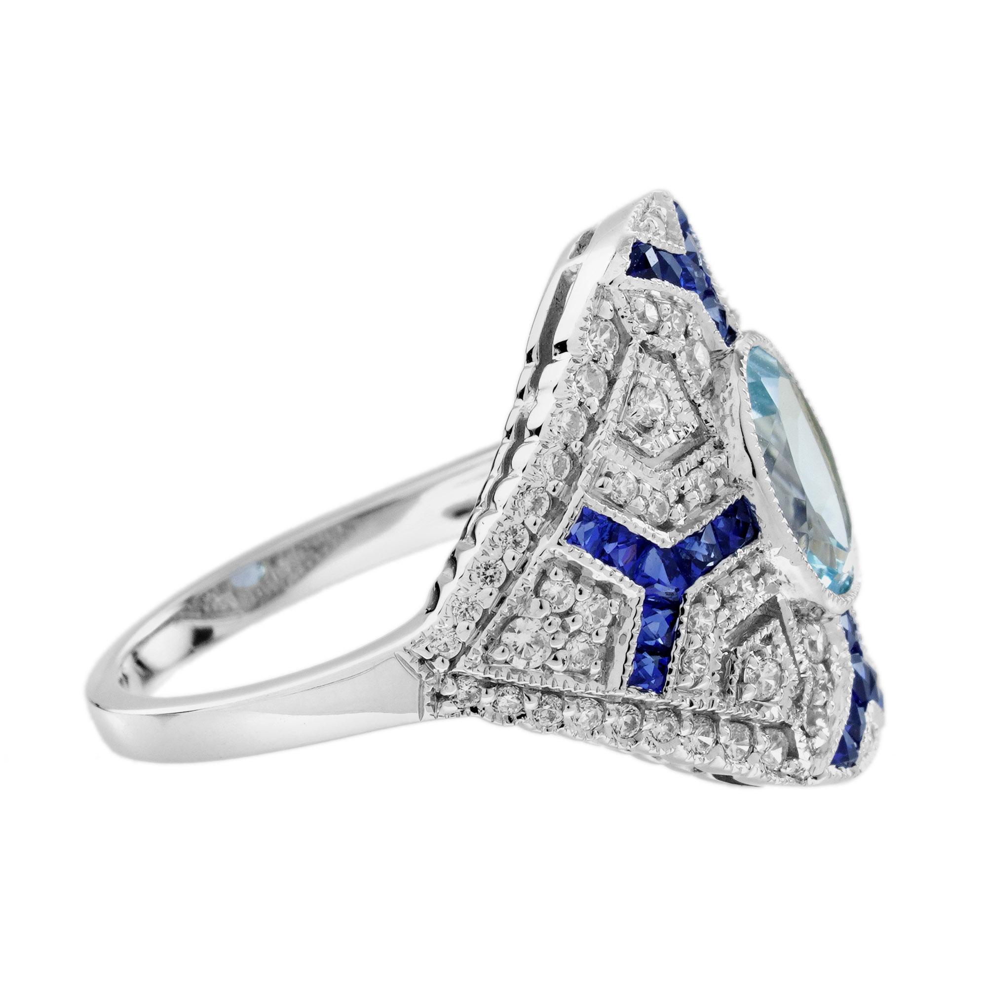Aquamarin Saphir und Diamant Art Deco Stil Cocktail Ring in 18K Weißgold im Angebot 2