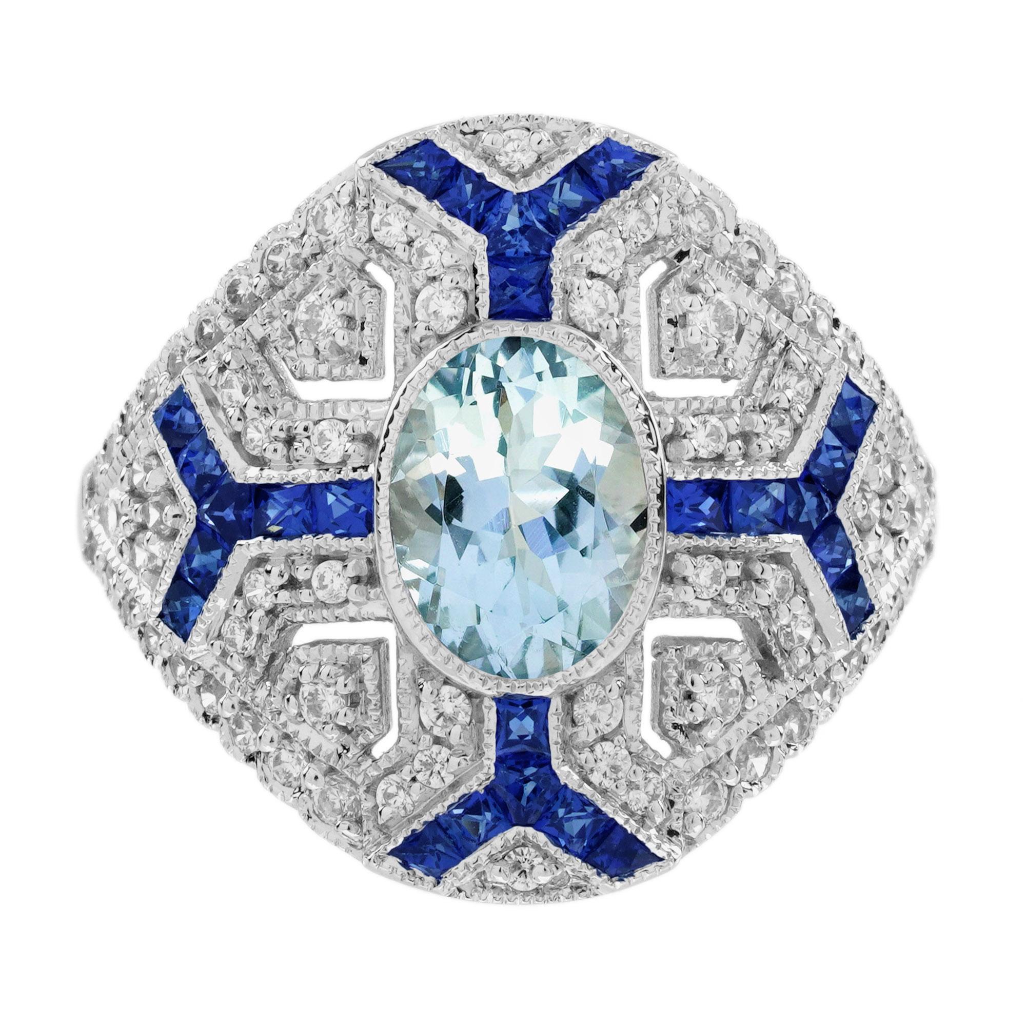 Aquamarin Saphir und Diamant Art Deco Stil Cocktail Ring in 18K Weißgold