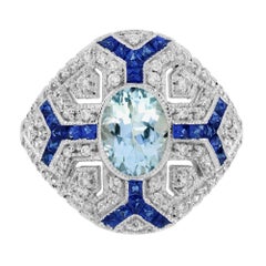 Aquamarin Saphir und Diamant Art Deco Stil Cocktail Ring in 18K Weißgold