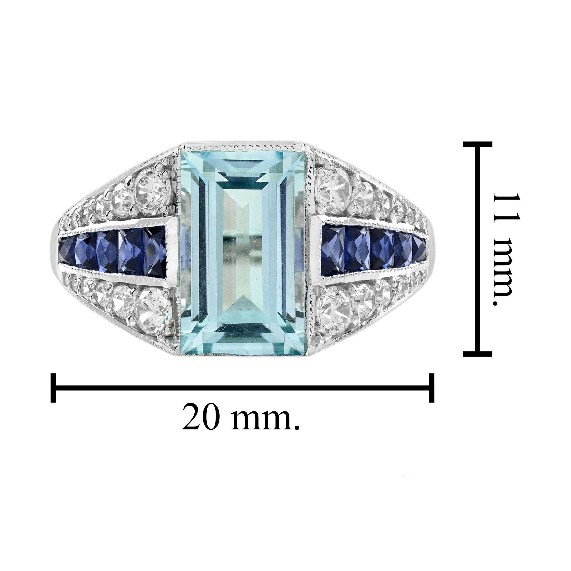 Bague de fiançailles en or blanc 18 carats aigue-marine, saphir et diamant de style Art déco en vente 5