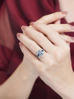 Aquamarine Sapphire and Diamond Art Deco Style Engagement Ring in 18K White Gold