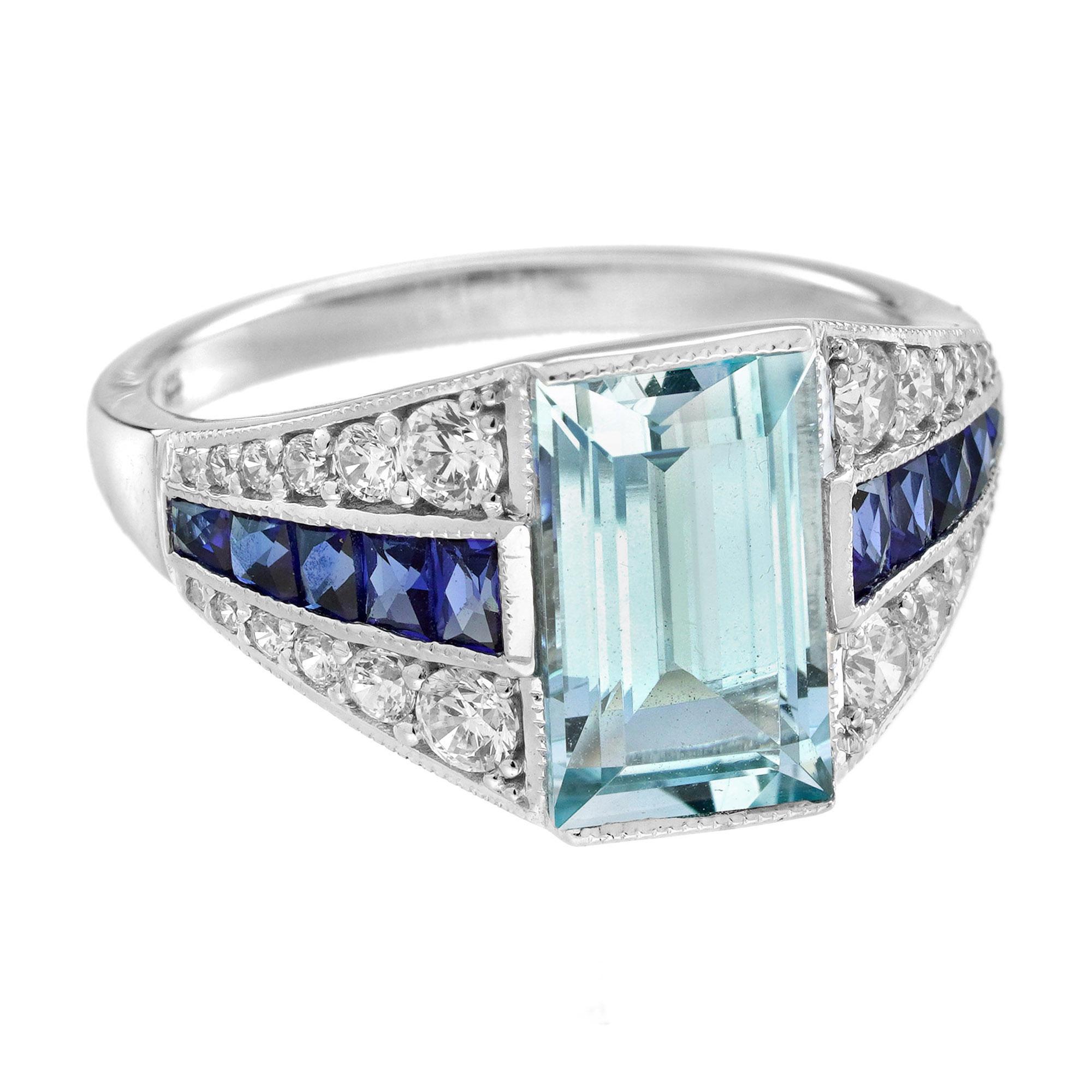 Bague de fiançailles en or blanc 18 carats aigue-marine, saphir et diamant de style Art déco en vente 1