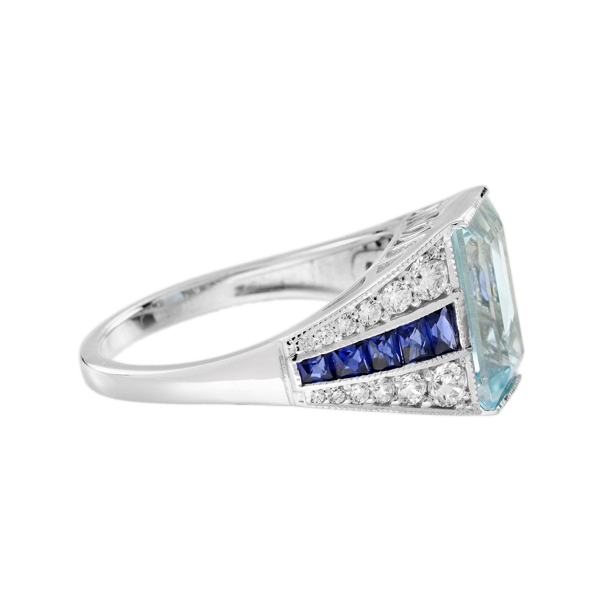 Bague de fiançailles en or blanc 18 carats aigue-marine, saphir et diamant de style Art déco en vente 2