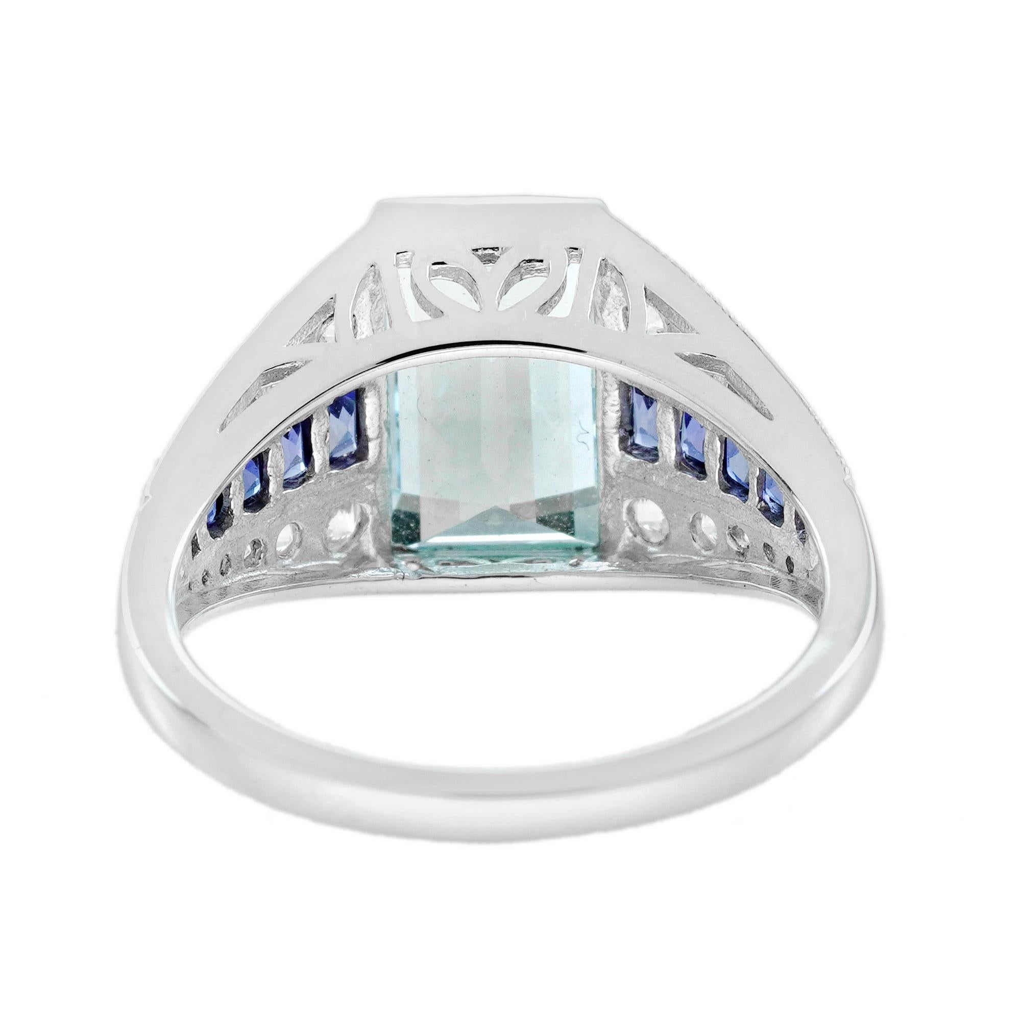 Bague de fiançailles en or blanc 18 carats aigue-marine, saphir et diamant de style Art déco en vente 3