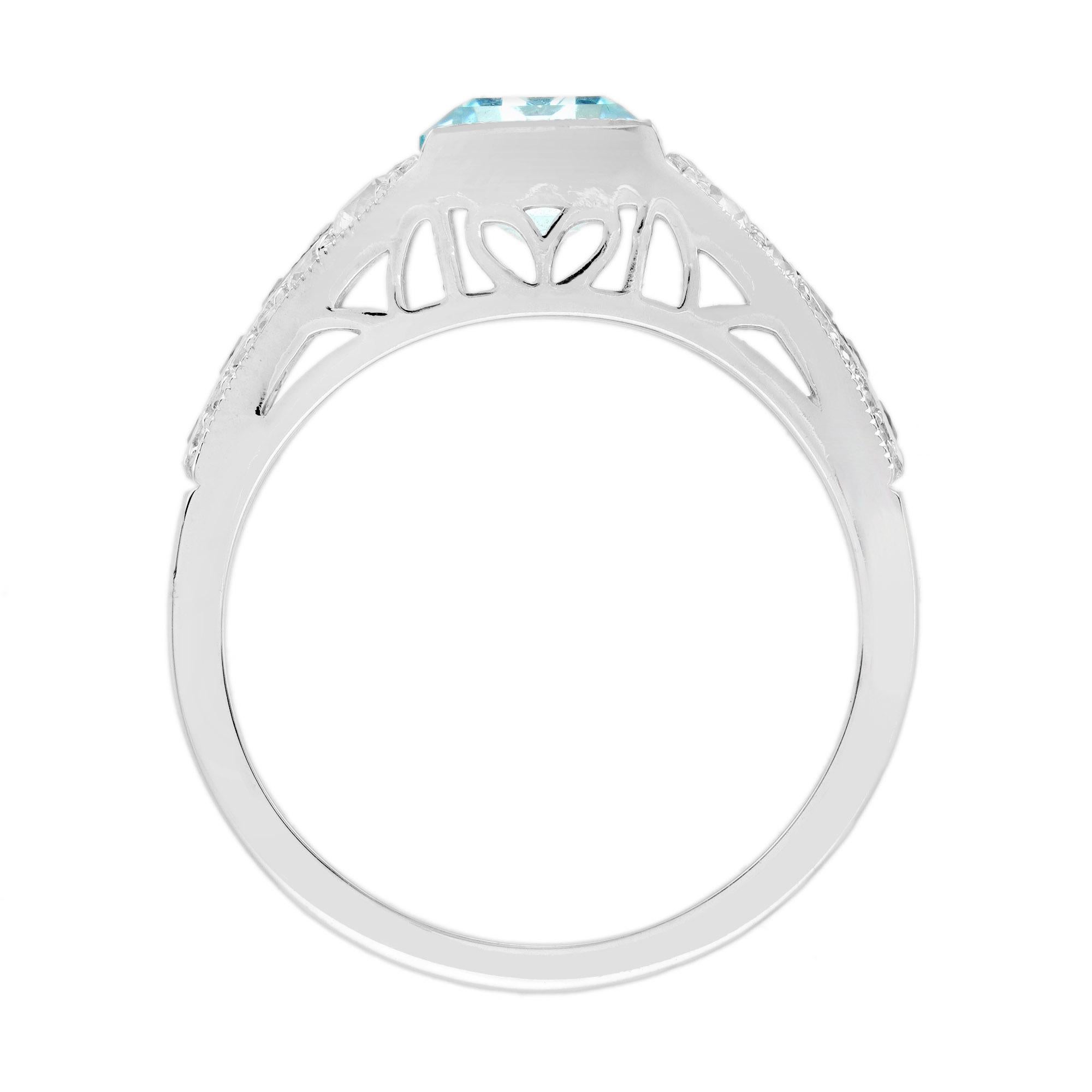Bague de fiançailles en or blanc 18 carats aigue-marine, saphir et diamant de style Art déco en vente 4