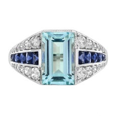 Aquamarine Sapphire and Diamond Art Deco Style Engagement Ring in 18K White Gold