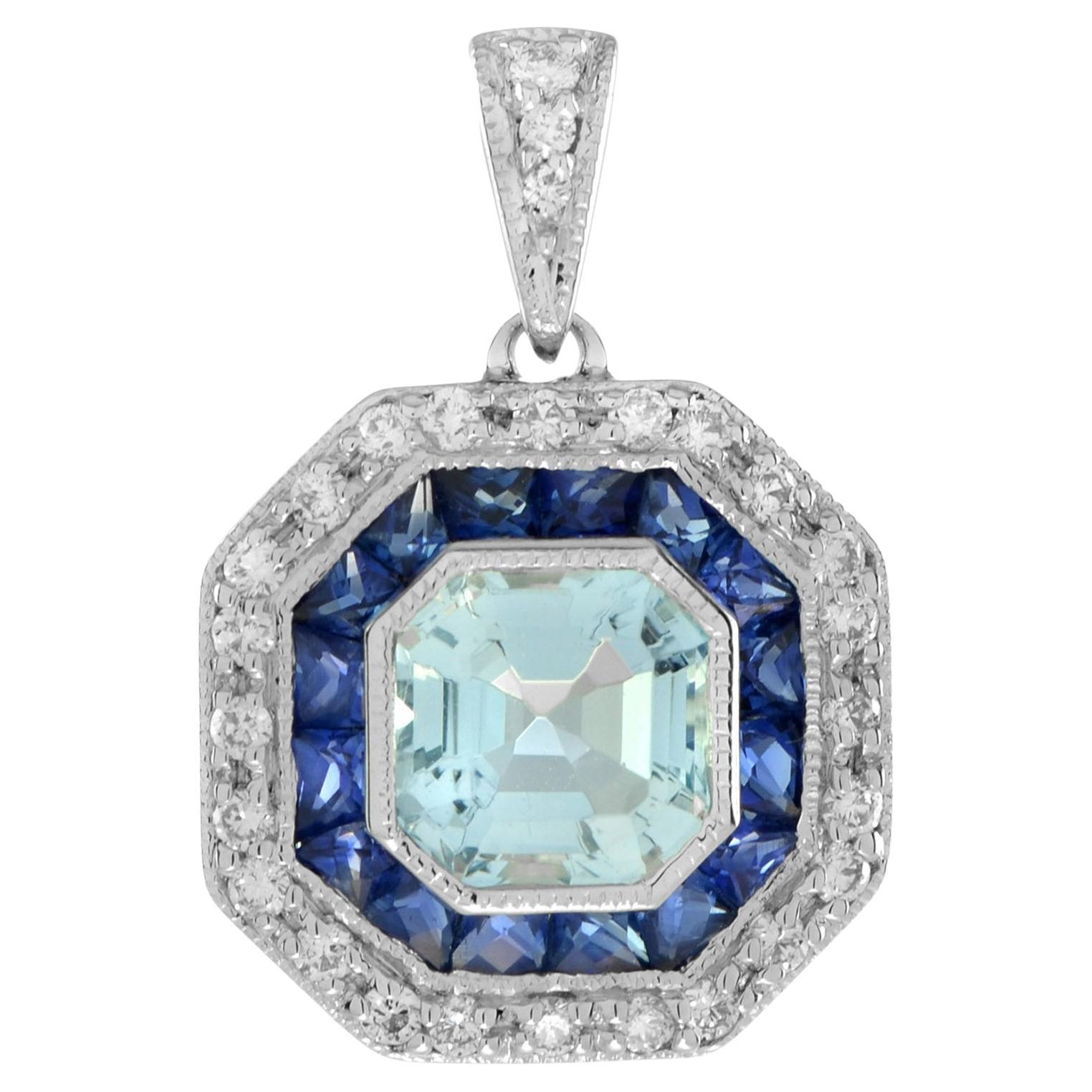 Ciondolo in stile Art Deco con zaffiro, acquamarina e diamante in oro bianco 14 carati