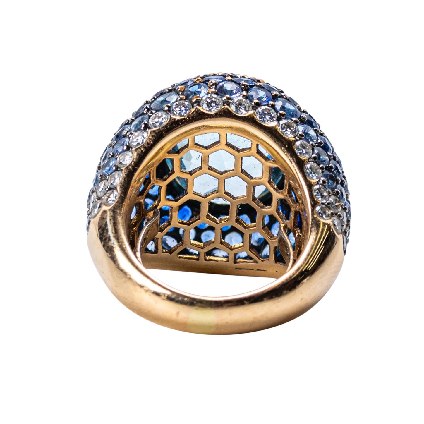 Aquamarin, Saphir und Diamant Bombé Ring aus 18K Gelbgold (Rundschliff) im Angebot