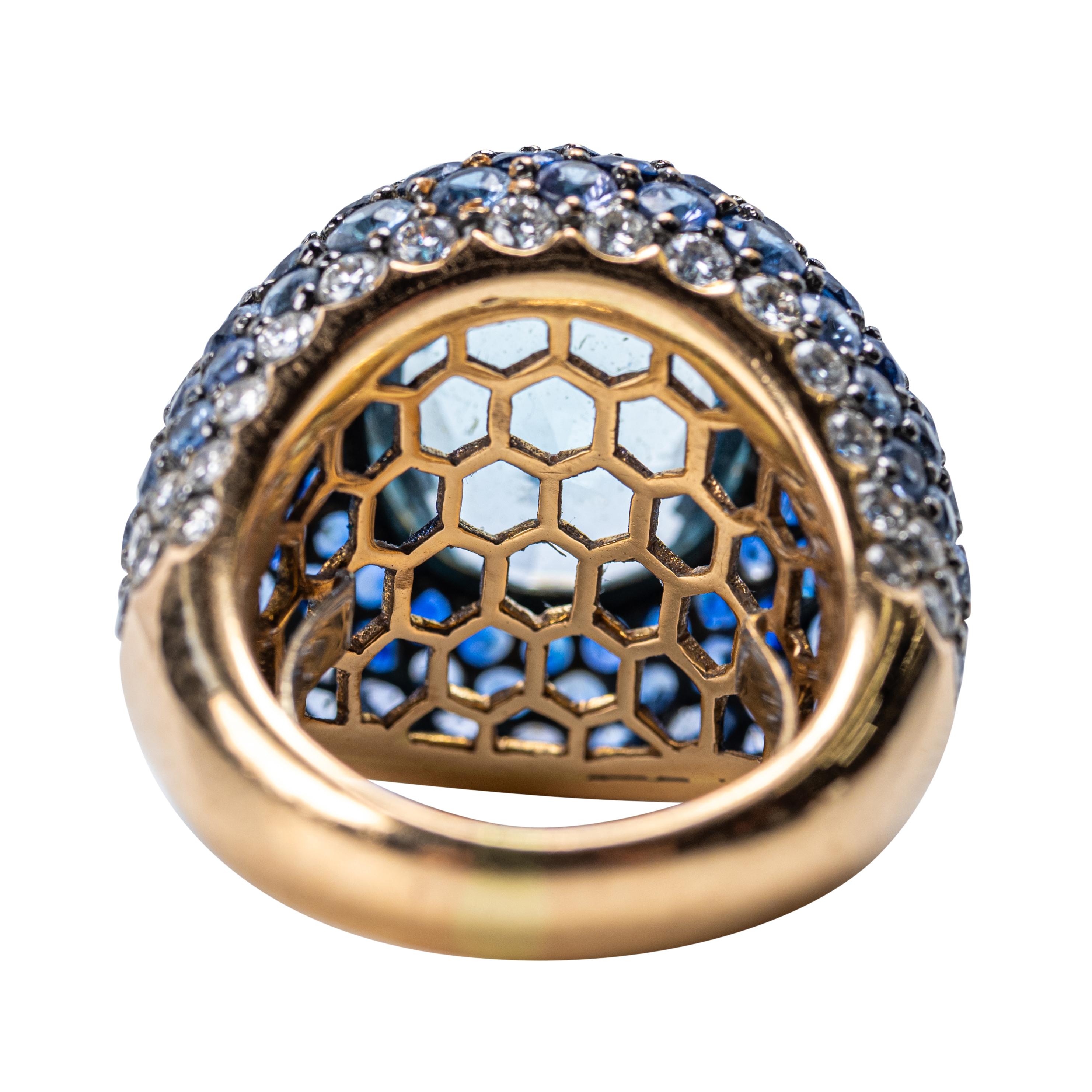 Aquamarin, Saphir und Diamant Bombé Ring aus 18K Gelbgold im Zustand „Gut“ im Angebot in Palm Beach, FL