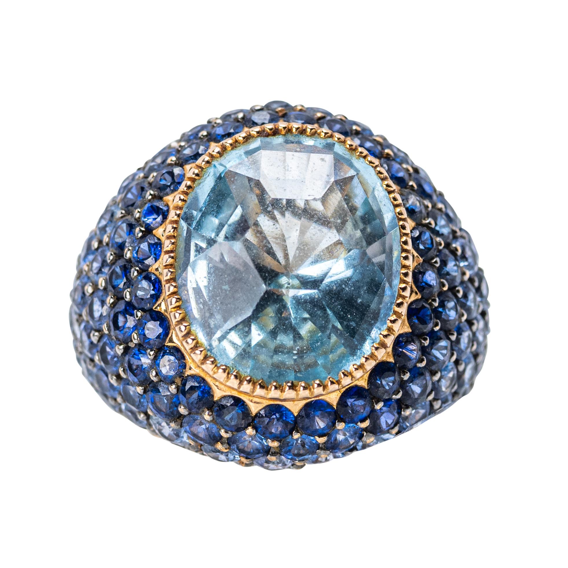 Aquamarin, Saphir und Diamant Bombé Ring aus 18K Gelbgold für Damen oder Herren im Angebot