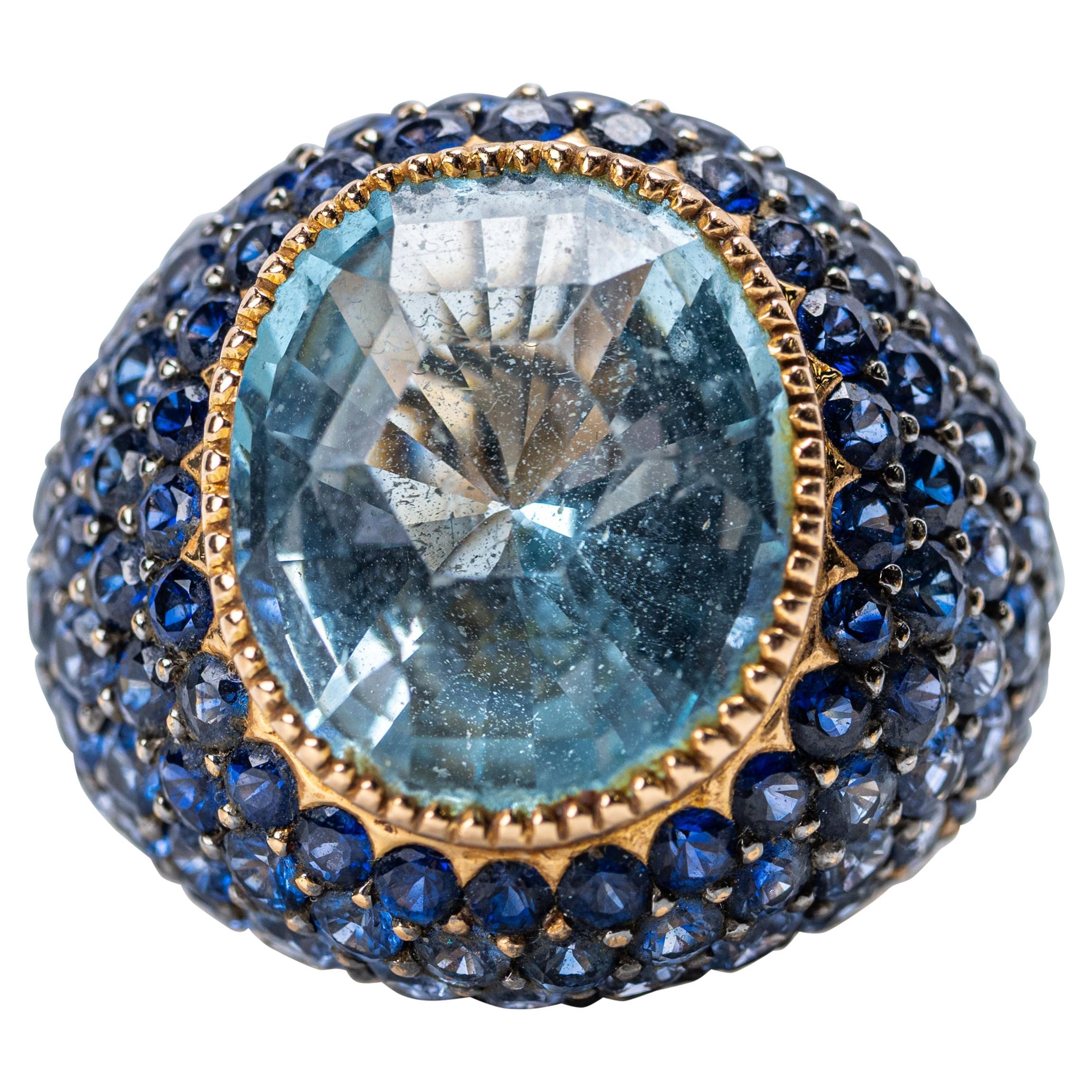 Aquamarin, Saphir und Diamant Bombé Ring aus 18K Gelbgold im Angebot