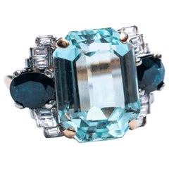 Aquamarine, Sapphire and Diamond Cocktail Ring, Platinum and 14 Karat Gold