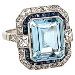 Aquamarine Sapphire and Diamond Platinum Cocktail Ring Fine Estate Jewelry