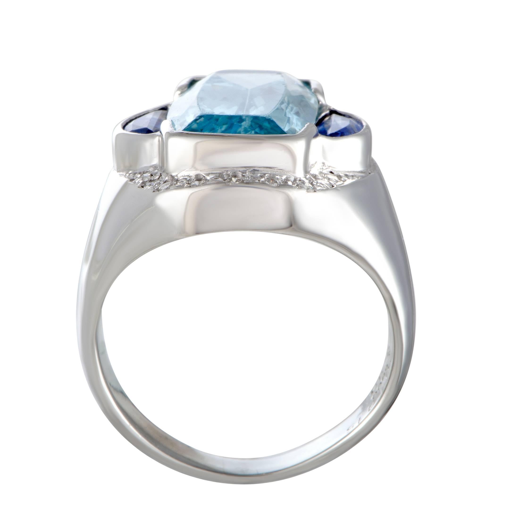 A compellingly offbeat design and an irresistibly harmonious gemstone décor are combined in this spectacular ring into creating a piece of immense aesthetic and artistic value. The ring is made of platinum and embellished with 0.15 carats of