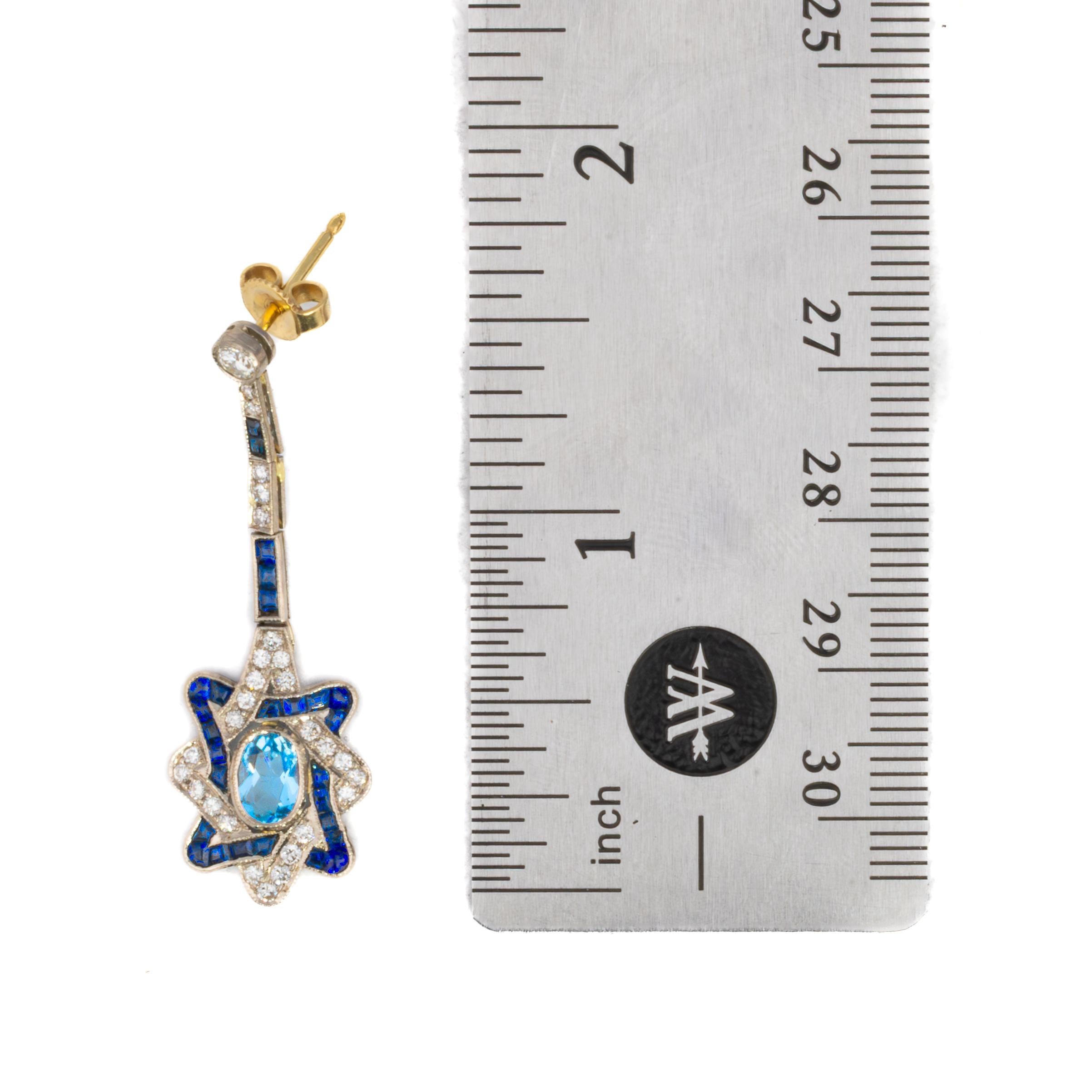 Oval Cut Aquamarine, Sapphire, and Diamond Star Drop Earrings For Sale