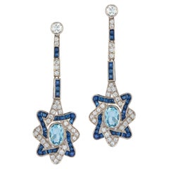 Aquamarine, Sapphire, and Diamond Star Drop Earrings