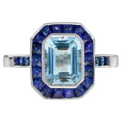 Aquamarine Sapphire Art Deco Style Target Engagement Ring in Platinum