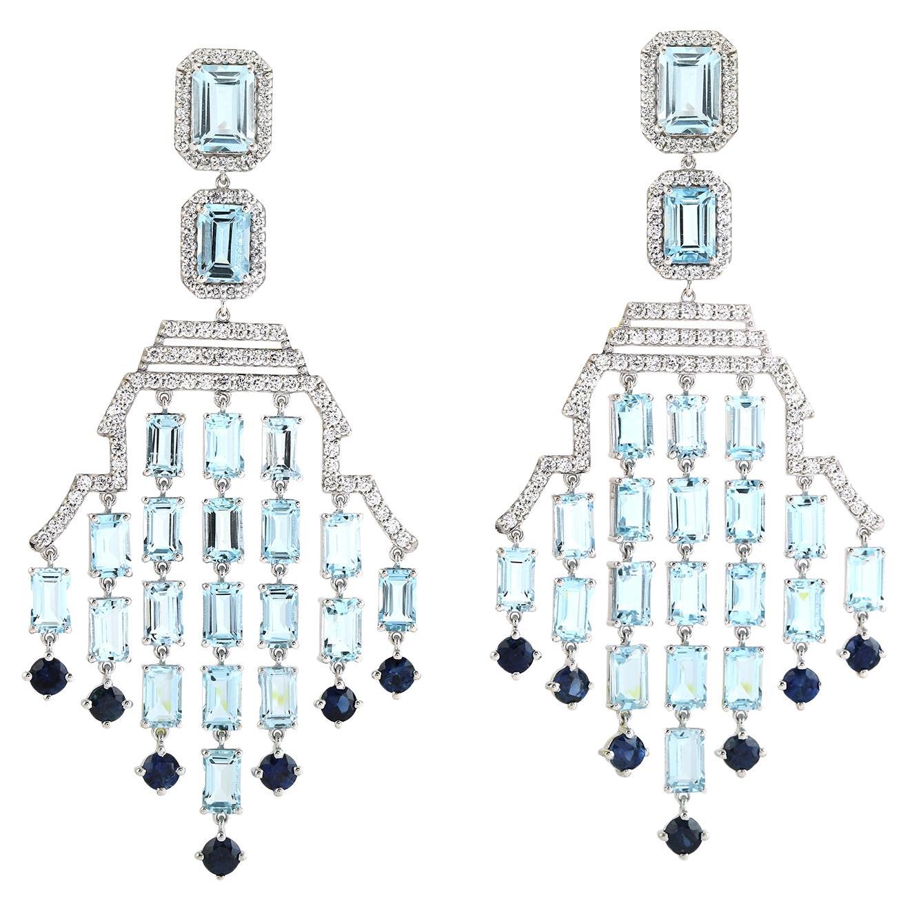 Aquamarine 
Sapphire Chandelier Earrings With Pave Diamonds In 18k White Gold For Sale