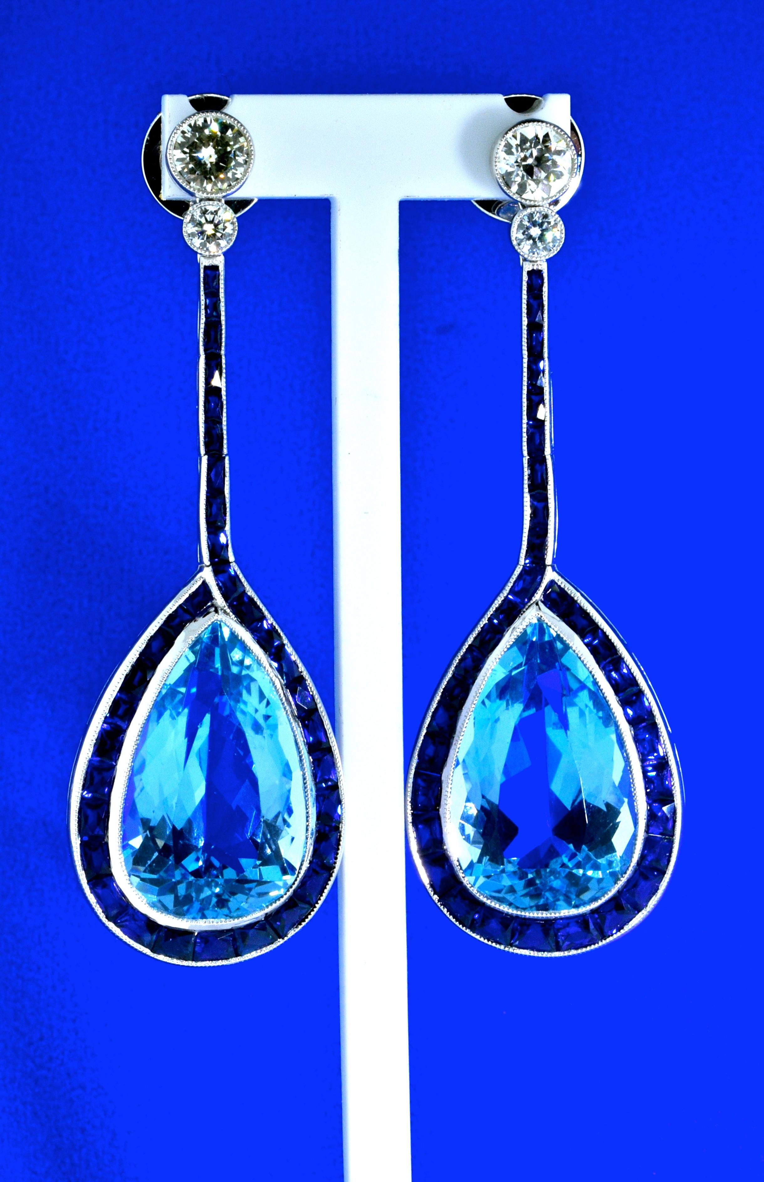 Modern Aquamarine, Sapphire, Diamond and Platinum Earrings by Pierre/Famille