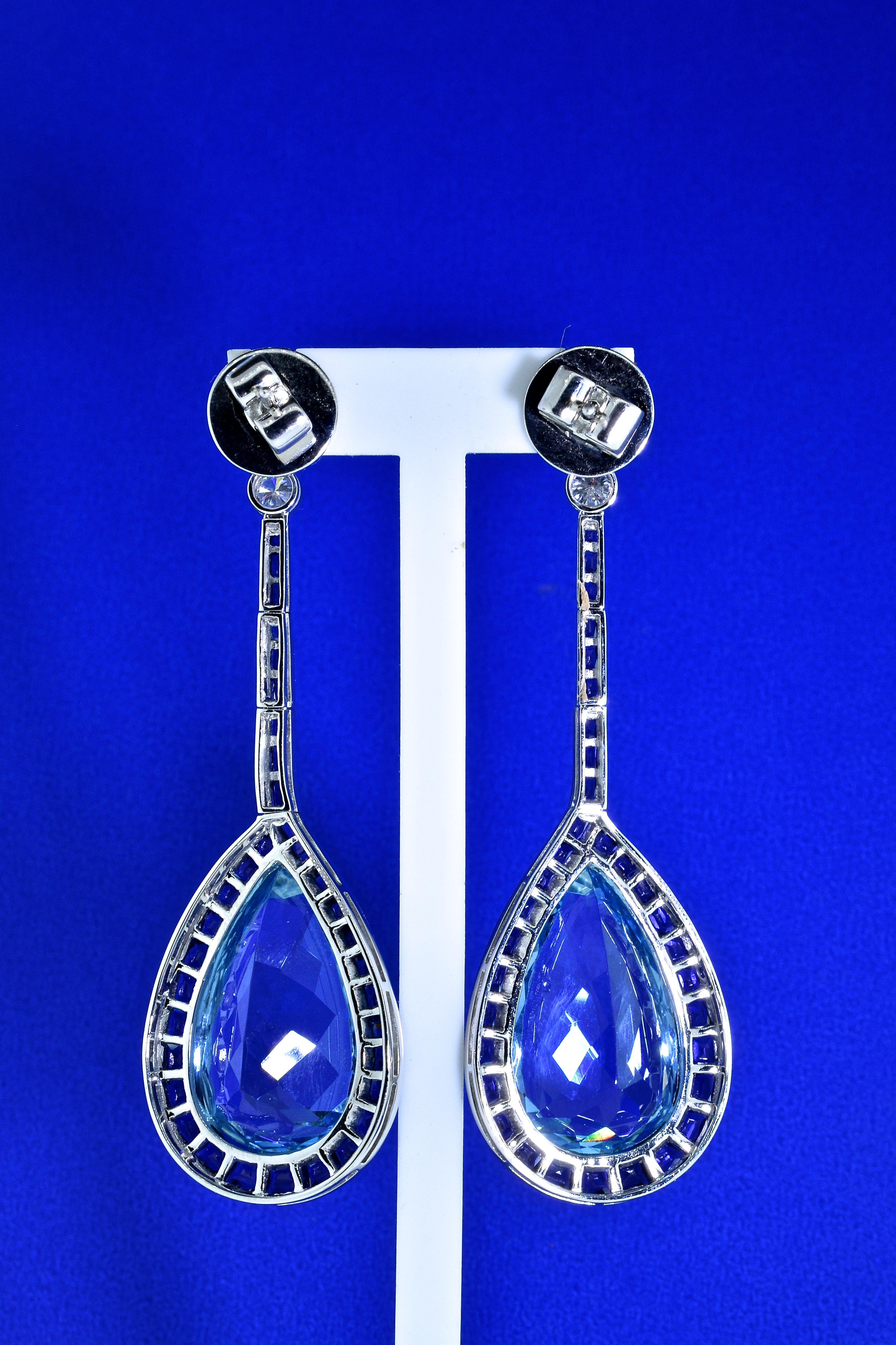 Aquamarine, Sapphire, Diamond and Platinum Earrings by Pierre/Famille In New Condition In Aspen, CO