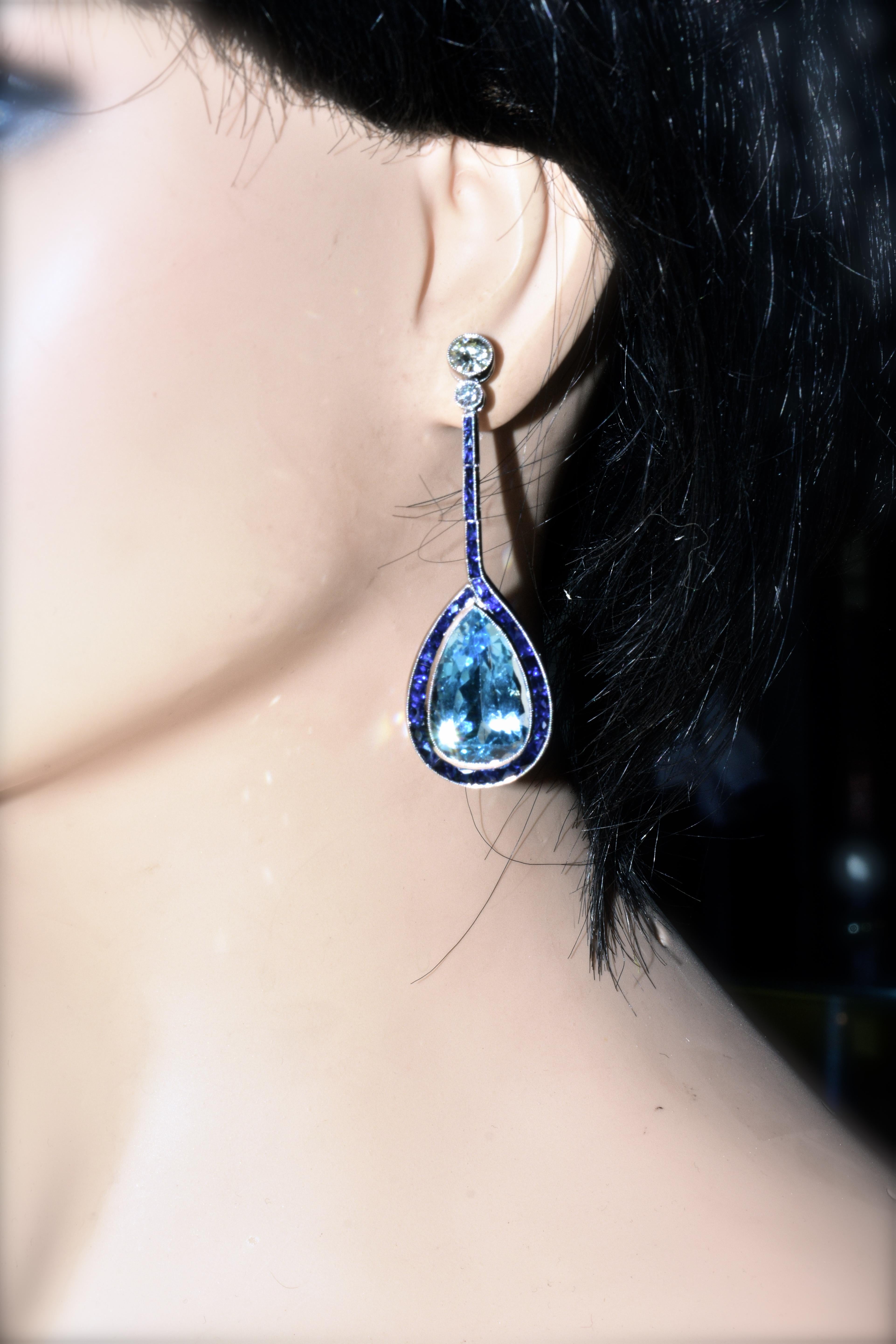 Women's or Men's Aquamarine, Sapphire, Diamond and Platinum Earrings by Pierre/Famille
