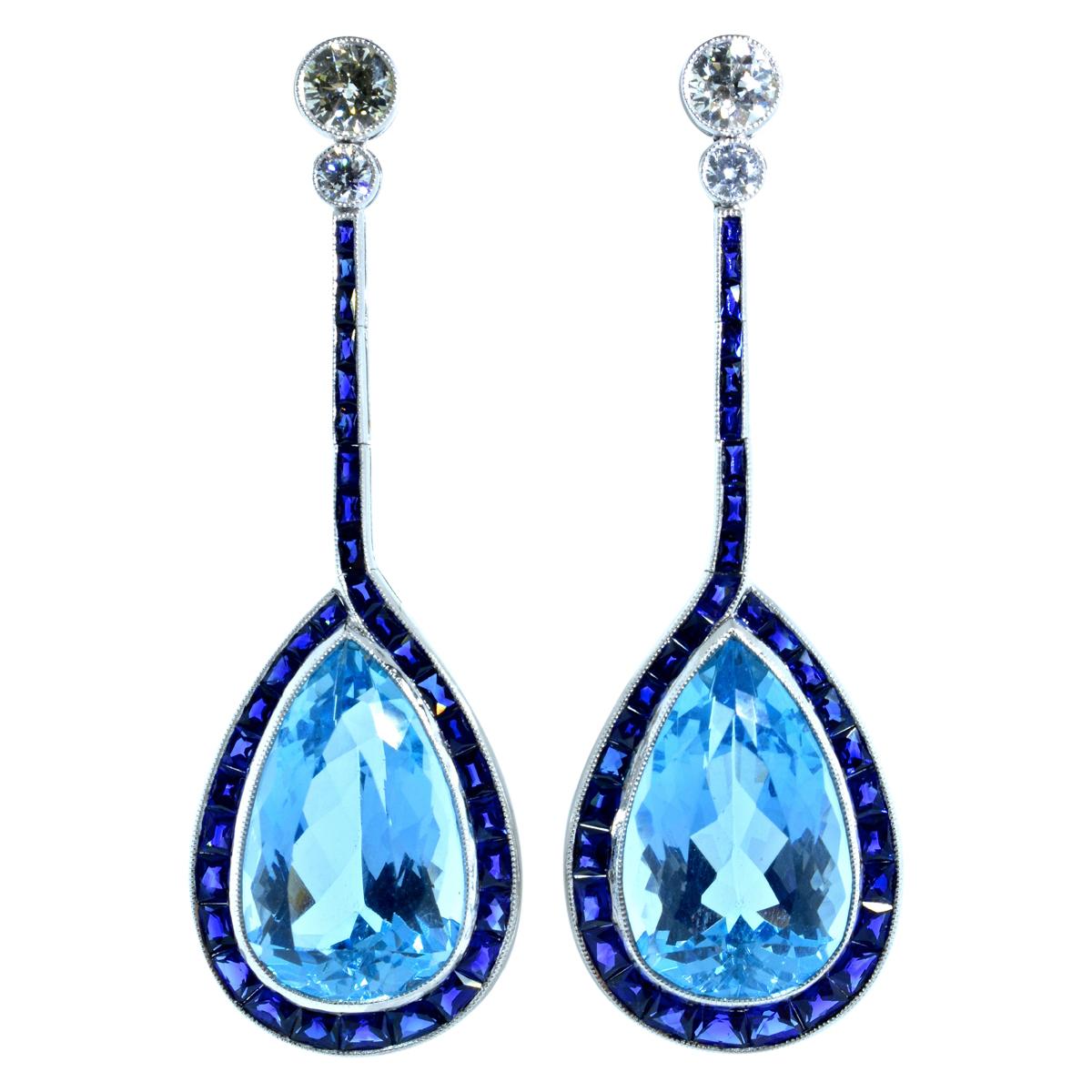 Aquamarine, Sapphire, Diamond and Platinum Earrings by Pierre/Famille