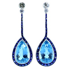 Aquamarine, Sapphire, Diamond and Platinum Earrings by Pierre/Famille