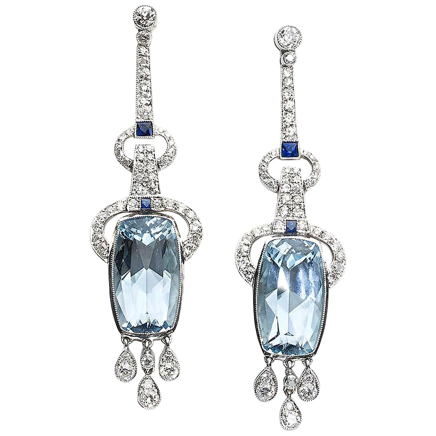 Aquamarine, Sapphire, Diamond and Platinum Earrings For Sale