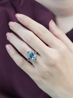 Aquamarine Sapphire Diamond Art Deco Style Cocktail Ring in 18K White Gold